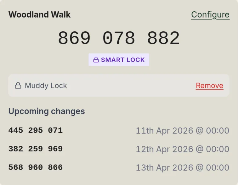 Smart lock management interface in Muddy Booking
