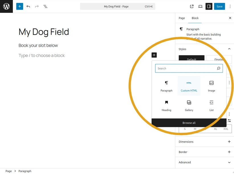 WordPress page editor