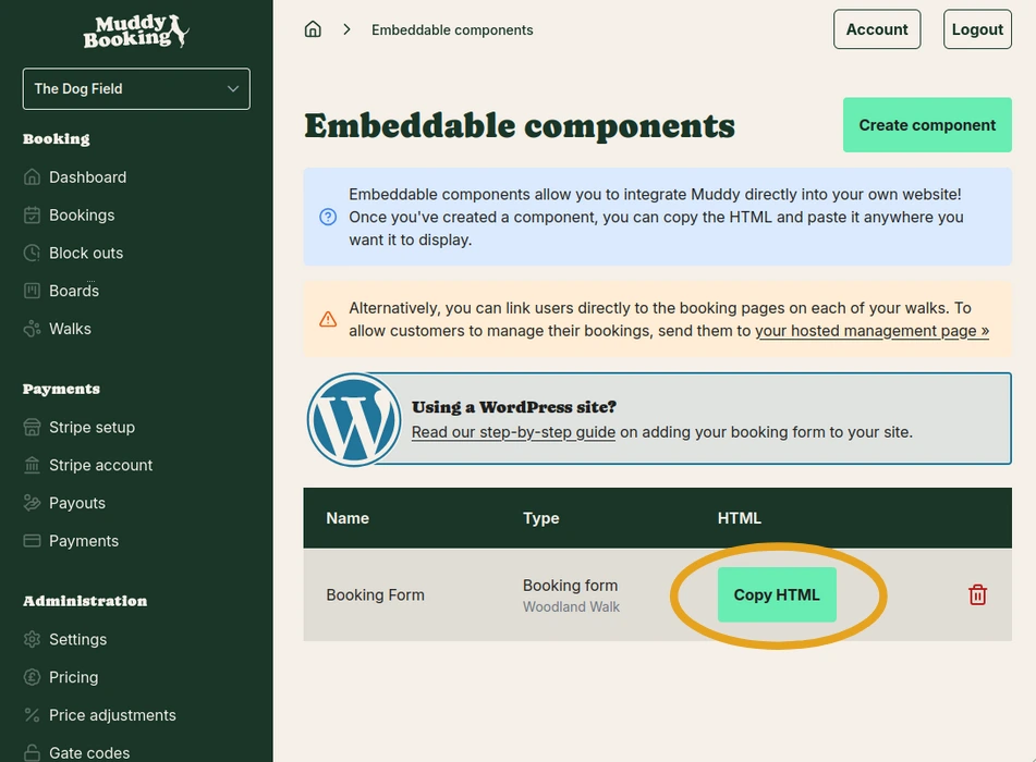 Muddy embed codes page